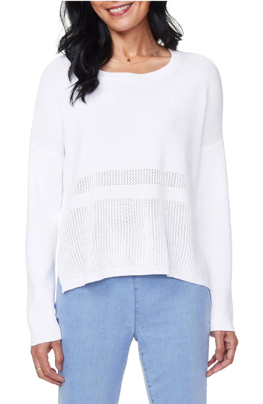 NYDJ Optic White Pointelle Knit Split Hem Long Sleeve Boat Pullover Sweater XL